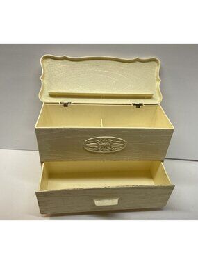 Vintage Bakelite / Plastic Lerner Recipe/Jewelry Box Faux Wood Off White Color